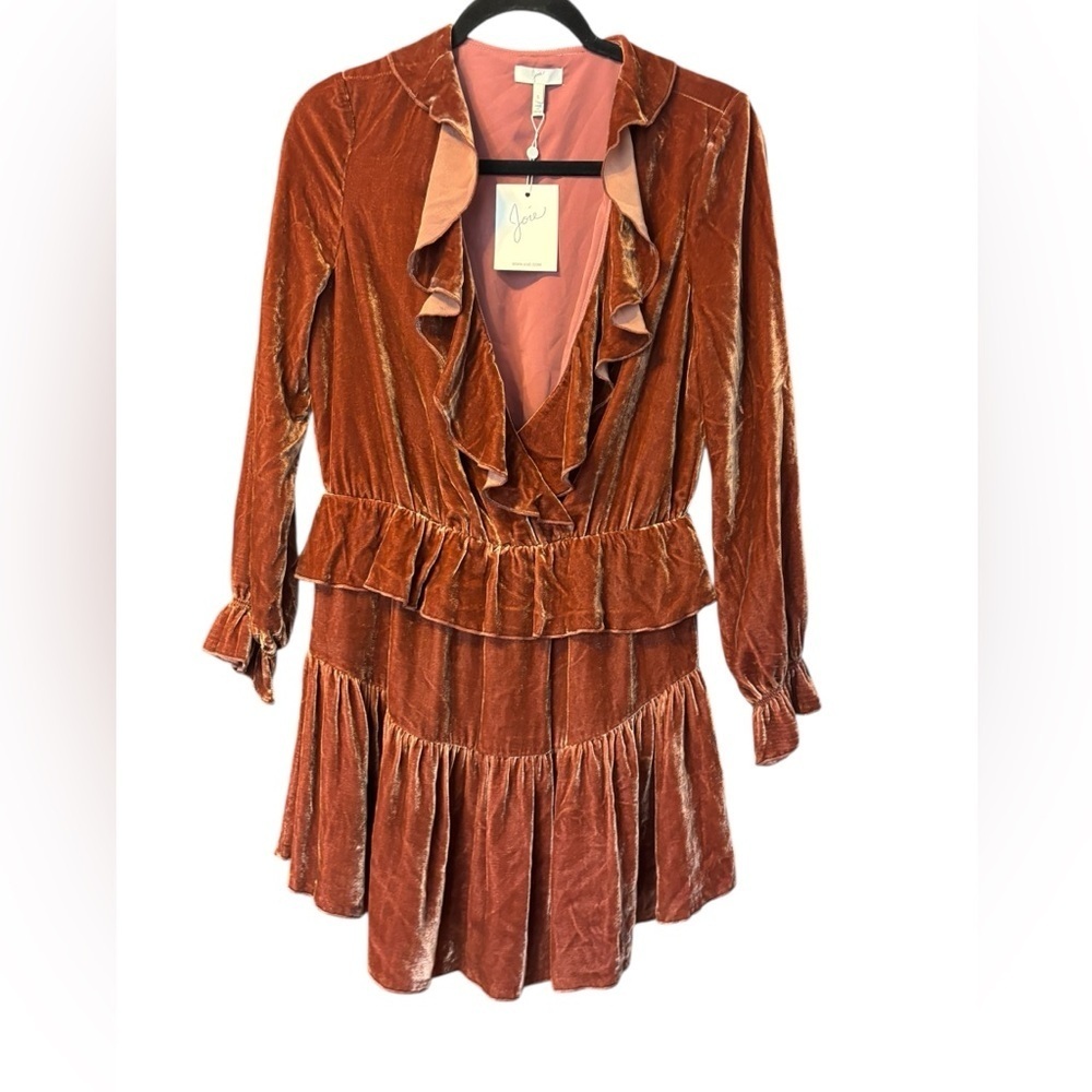 NWT Joie Velvet Rust Orange Ruffle Tiered Long Sleeve Joada Dress Size Small